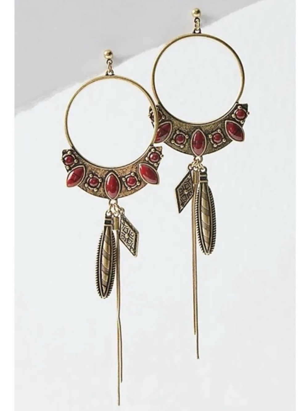 Free People Winona Hoops in Brass Red Jasper NWT Bohemian Western Boho Dangles